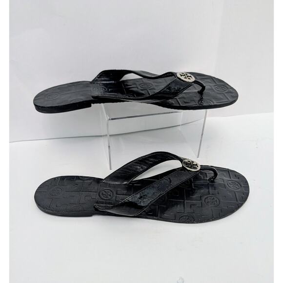 Tory Burch Sandals Thong Thora 9 M Black Patent Leather Flip Flops Logo - Picture 2 of 4